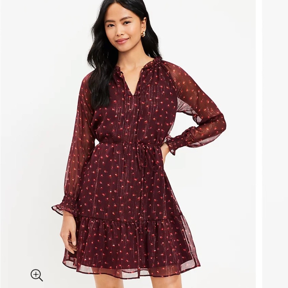 LOFT Petite Shimmer Floral Tiered Ruffle Dress size XS maroon tie neck